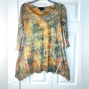 Frazzle Women Top Blouse Mesh Lined Boho embroidered neckline